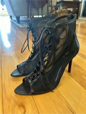 Zara Black Lace-Up Mesh Peep-Toe Stiletto Booties
